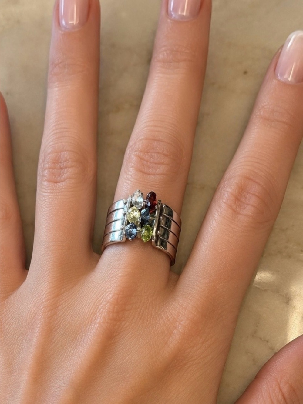 925 Wide Multi- Gemstone Caged Kinetic Spinner Ring RARE SILPADA? Vintage EUC
